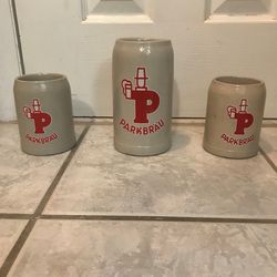 (3)-Vintage Parkbrau Germain Stoneware Beer Steins- Oktoberfest- (2)-0.5 liters & (1)-1 liter