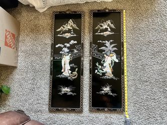 Vintage Oriental Lacquer Panel Pair — Mother-of-Pearl Inlay
