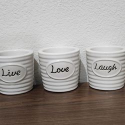 Live Laugh Love NEW Ribbed White Ceramic Pots