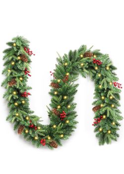 New 9 ft Pre-Lit Christmas Garland with 30 LED Lights, Pine Cones and Berries