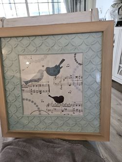 Birds With Musical Notes On Framed Glass Hooks On Back 21w21h  Nice IN Any Room 40 Obo