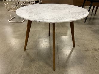 Contemporary MCM Inspired Round Marble Style Bistro table with Tapered Wooden Legs