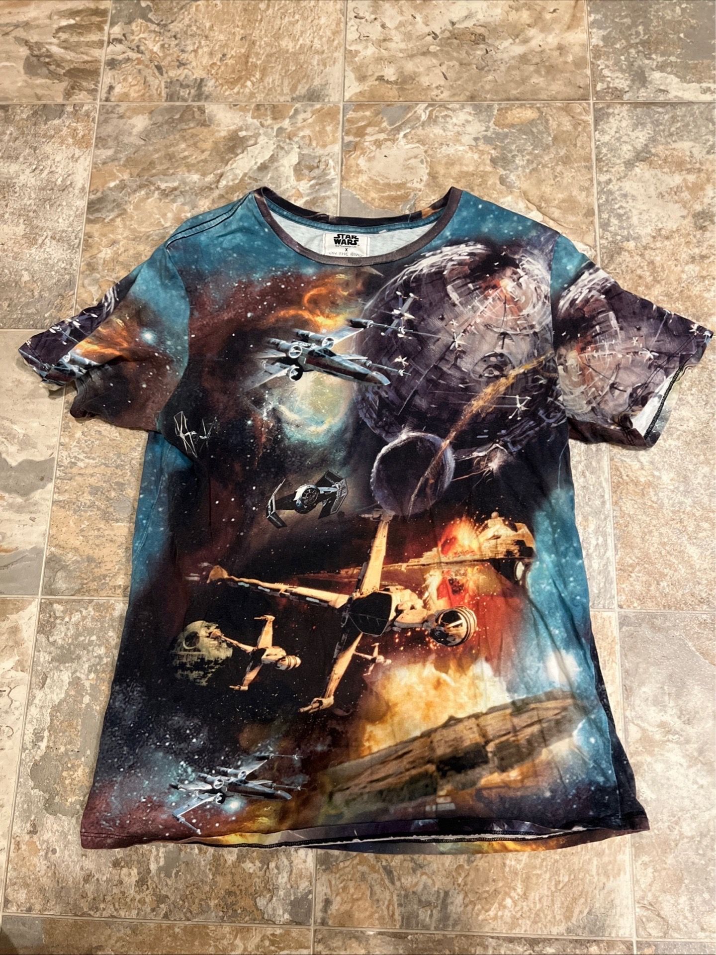 Star Wars On The Byas T-Shirt Men’s XL All Over Print Death Star Space Battle