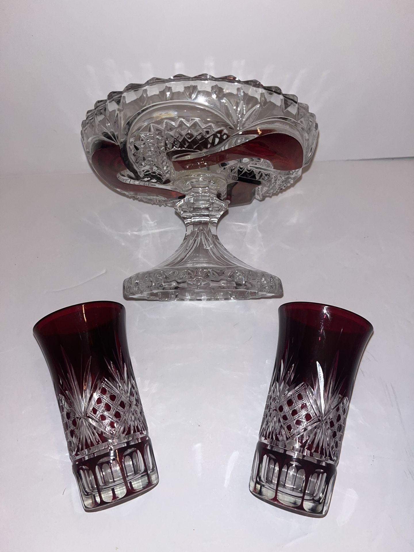 Vintage Bohemian Red Cut Czech Crystal Glasses & Candy Dish/ Pedestal Stand.
