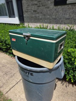 Vintage Green Coleman Metal Cooler 1970's w/ Bottle Openers and Metal Handles
