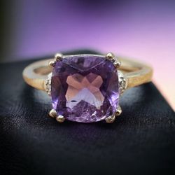NWOT 3.6 Carat Amethyst and Diamond Ring In Platinum Dipped Sterling Silver 