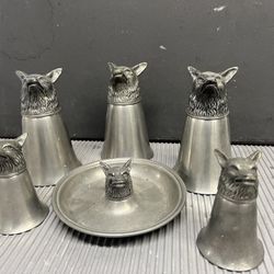 Solid Pewter, Wolf Toasting Cup Collection With Matching Round Tray