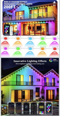 200FT Permanent Outdoor Lights, Smart RGB+IC Eaves Lights for House, App & Remote Control, LED Roofline Lights, Waterproof Exterior House Lights for Y