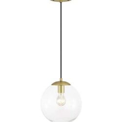 Light Society Zeno Global Pendant, transparent glass with brass finish, mid-century contemporary lighting accessory