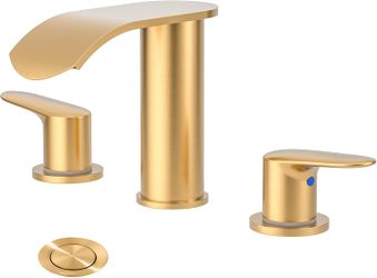 Waterfall Bathroom Faucet 3 Holes 8Inch Widespread Bathroom Sink Faucet, Gold Bathroom Faucet Two Handles Lavatory Vanity Sink Faucets