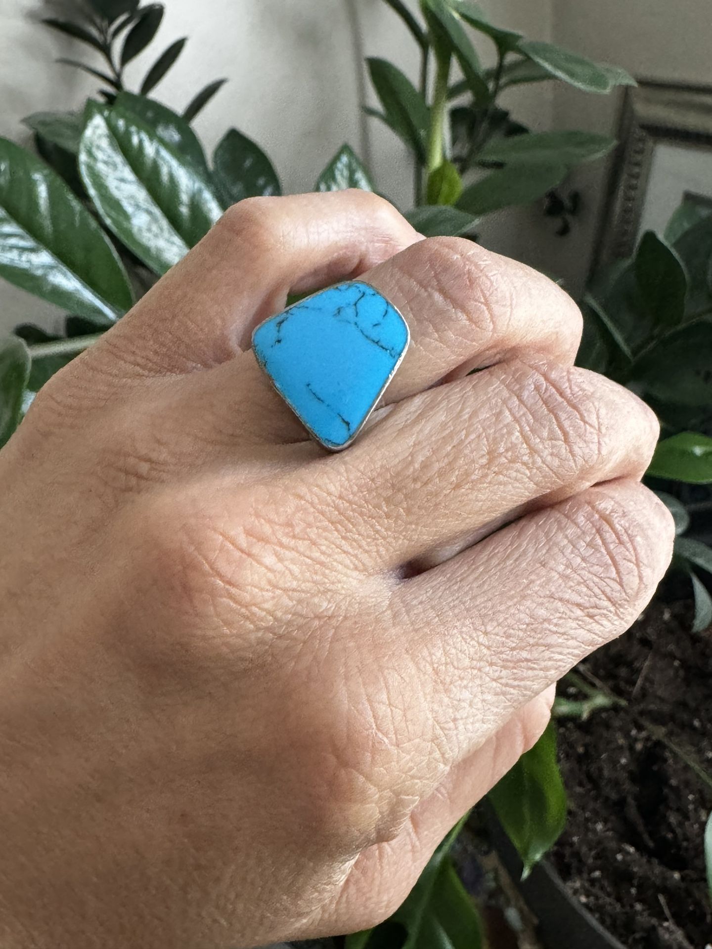 Vintage Modernist 925 Sterling Silver Turquoise Ring 