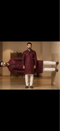 Men's Maroon Sequin Kurta with White Churidar