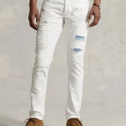 Polo Ralph Lauren Sullivan Slim Distressed Repaired Patchwork White Jean 38x32