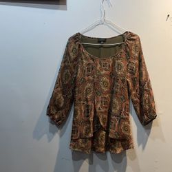 Relaxed Asymmetrical Medium Brown & Orange Dolman Sleeve Top