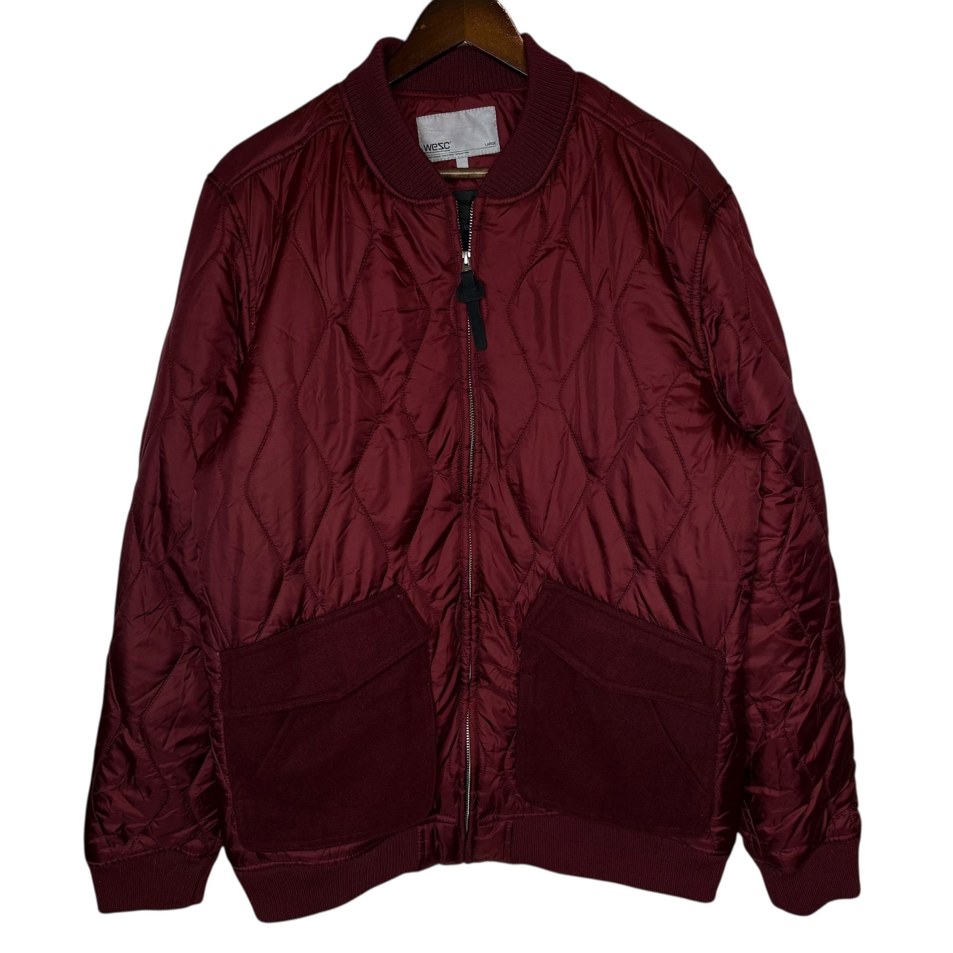 WESC Men’s Sixten Jacket Maroon Quilted Satin Bomber size Large