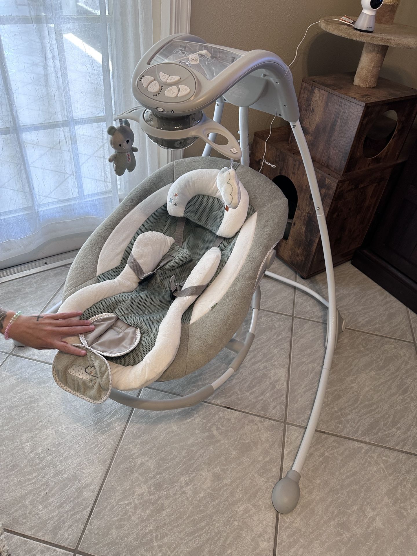 Ingenuity InLighten Baby Swing - Cool Mesh Fabric, Vibrations, Swivel Infant Seat, Nature Sounds, Light Up Motorized Mobile - Braden 35.7x34.3x41.1 In