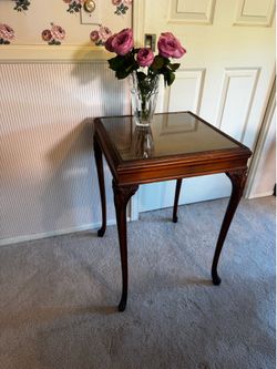 Antique wooden side table w/ glass top
