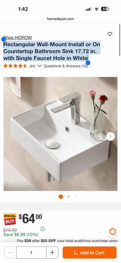Shop HOROW Rectangular Wall-Mount Install or On Countertop Bathroom Sink 17.72 in. with Single Faucet Hole in White