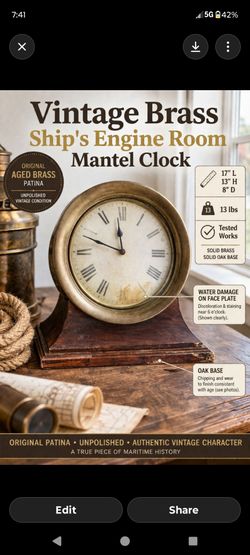 Vintage Brass Ship’s Engine Room Mantel Clock Oak Base Tested Works 17x13x8