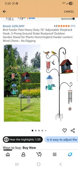 Bird Feeder Pole Heavy Duty 76" Adjustable Shepherc Hook, 5-Prong Ground Stake Rustproof Outdoor Garden Stand for Plants Humminabird Feeder Lantern Wi