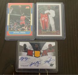 Lot of 3 premium novelty reprint cards featuring Michael Jordan, LeBron James, and Kobe Bryant; these are high-quality tribute pieces .not original