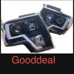 2009-2014 Ford F150 F-150 Black LED Bar Raptor Style DRL Halogen Headlight Pair