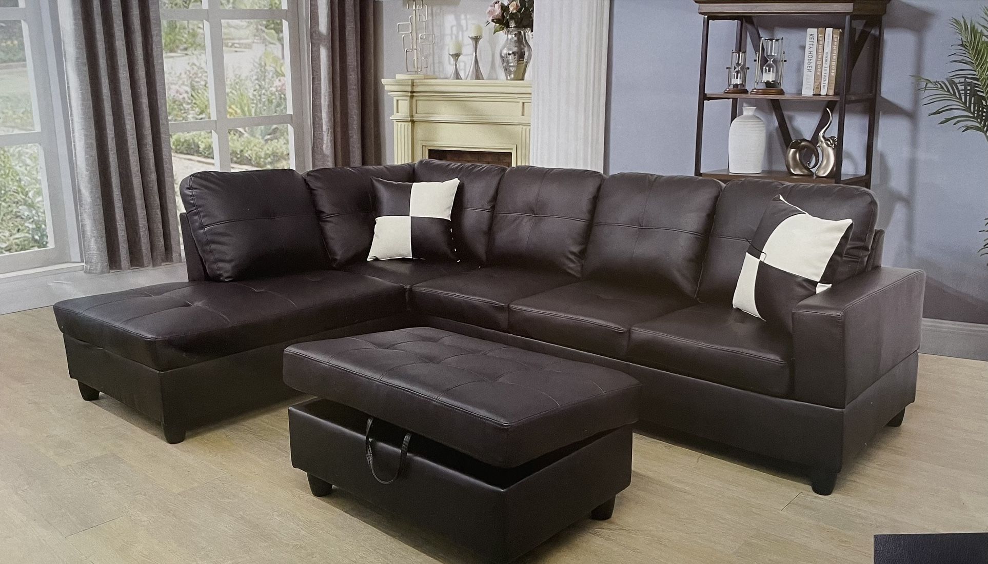 Black Leather sectional Couch And Ottoman