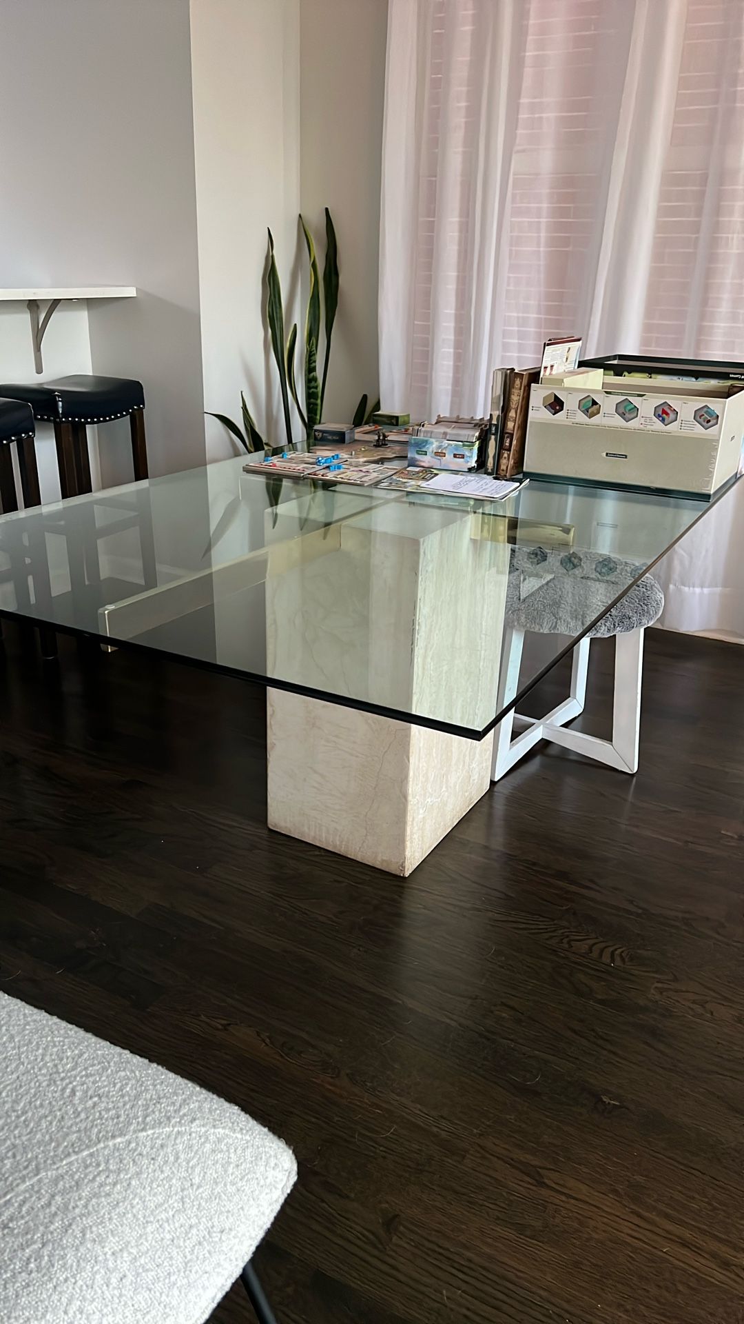 Artedi Vintage Italian Travertine Glass Dining Table