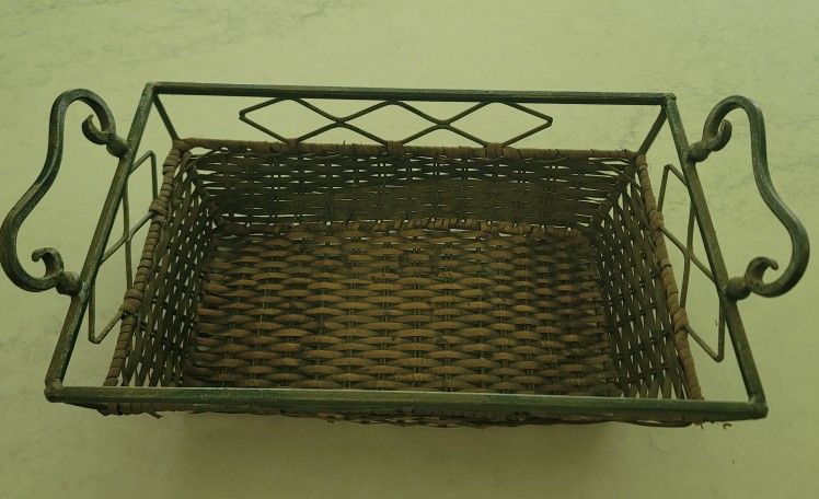 Vintage Rectangular Metal And Wicker Basket With Handles