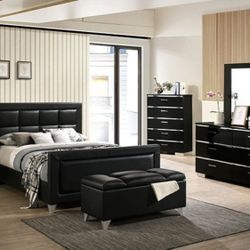 Brand New Black, Chrome Leatherette 6pc Queen Bedroom Set 