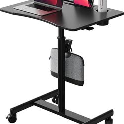 Mobile Standing Desk, 28 inch Rolling Standing Laptop Desk with Cup Holder, Mobile Desk Workstation with Wheels, Portable Computer Desk Cart with Hook