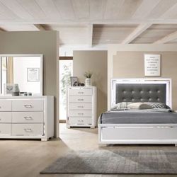 “Affordable 5-Piece Bedroom Set – Bed, Dresser, Mirror, Chest & Nightstand”