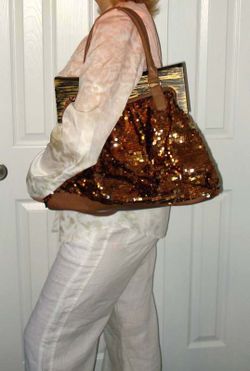 Bonposh Sparkling Sequinned Gold Handbag w/Wooden Clasp
