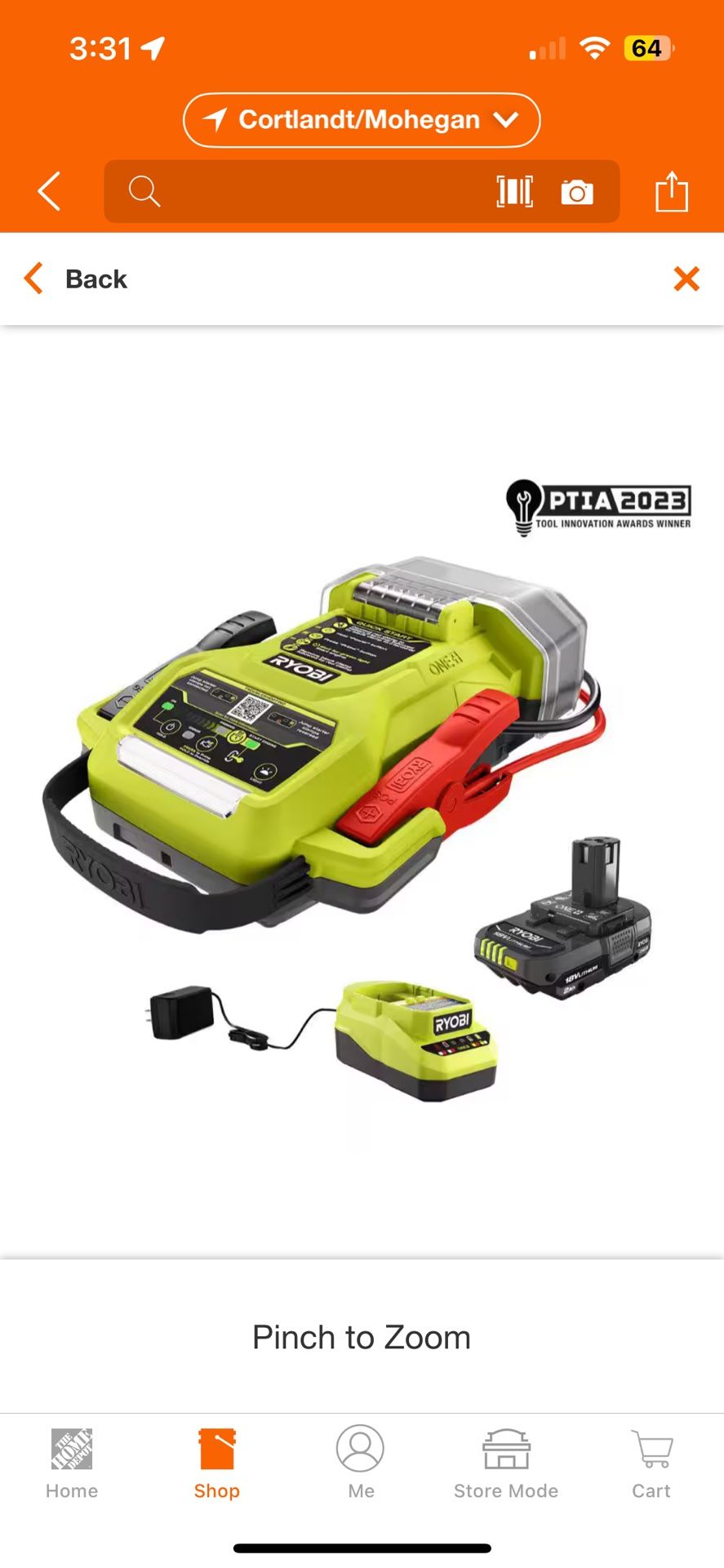 RYOBI ONE+ 18V Cordless 1600A Jump Starter with LED Work Light Kit with 2.0 Ah Battery and Charger