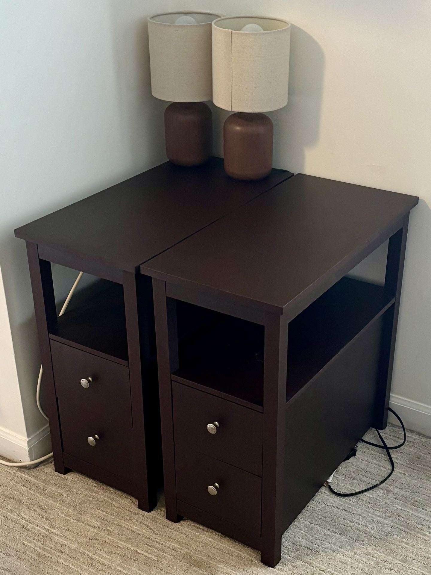 Side Table Set of 2 Chairside Table Narrow End Table with Storage Shelf and Drawers Small End Table for Bedroom Living Room Kitchen,Wood,Espresso