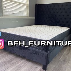 Queen Black Chanelle Wingback Platform Bed w. Orhopedic Mattress Included 