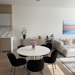 Rove Concepts 48” Round Dining Table + 5 Bouclé Chairs – Modern, Like New