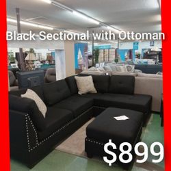 🥰 Black Sectional With Ottoman 
