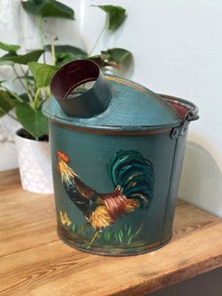 Vintage Hand-Painted Rooster Metal Coal Hod / Ash Bucket Farmhouse Decor