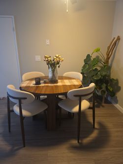 Round Walnut Dining Table with 4 Chairs