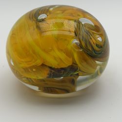 Murano Style Glass Paperweight Yellow Green Swirl