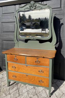 Vintage Two-Tone Green and Oak Dresser with Mirror