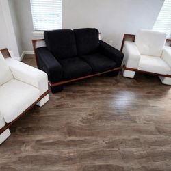 Black Loveseat and 2 White Chairs 