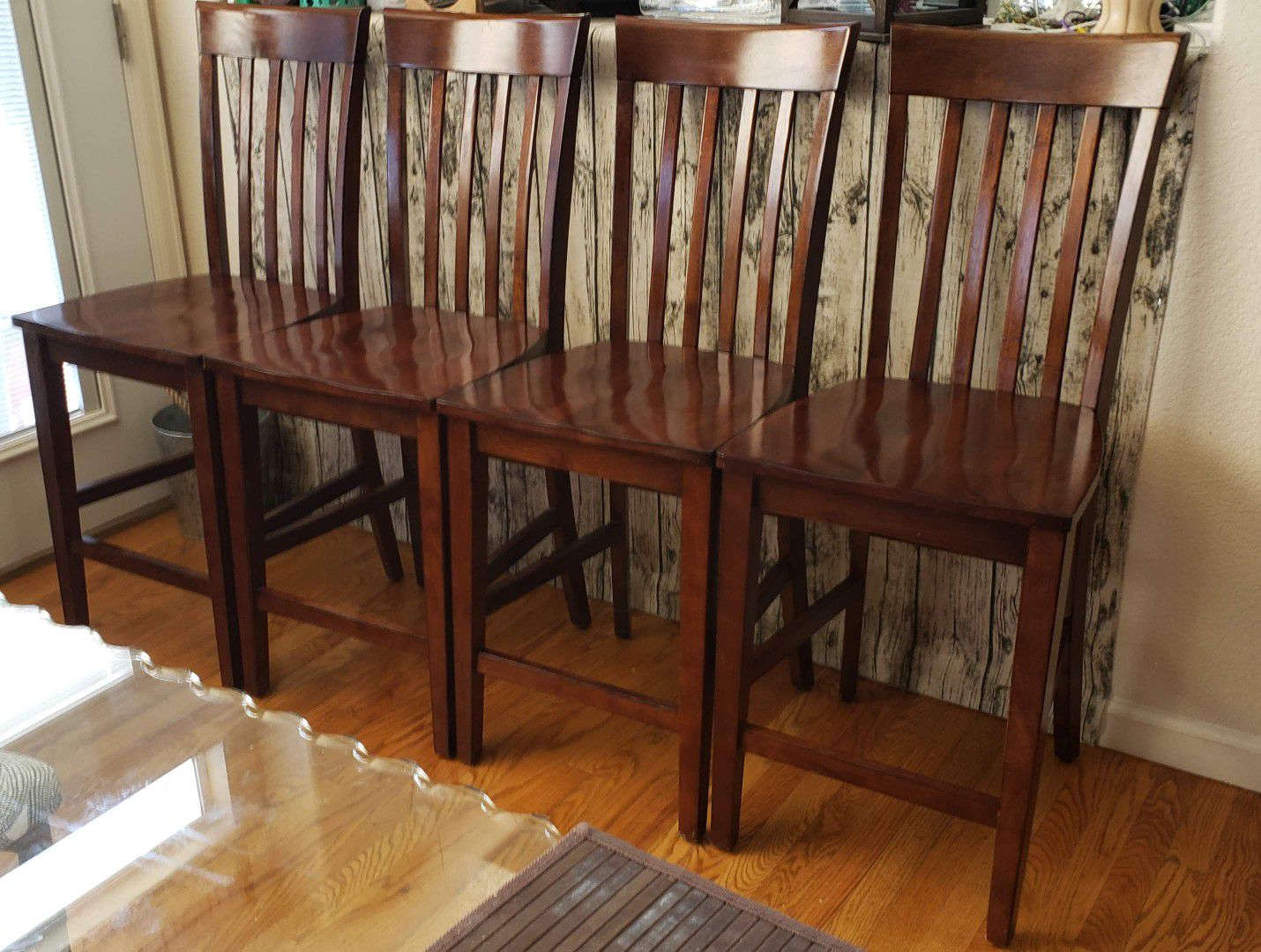 Set of 4-Highback Slatted Counter Height Wooden Chairs