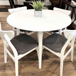 Beautiful 5 PC    White Dining Set With Gray Fabric Seats (New)