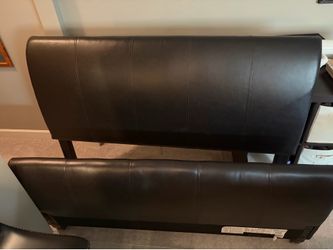 Queen Size Bed - Headboard, Footboard, Side Rails + Hardware - Faux Brown Leather