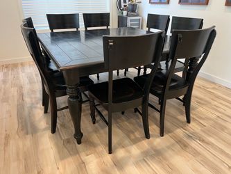 Large 5x5 Square Black Dining Table + 8 Chairs (Leaf Included)