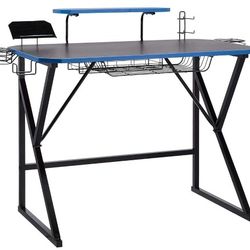 Black Blue Trim Gaming Computer Desk w Storage For Controller Headphone & Speaker