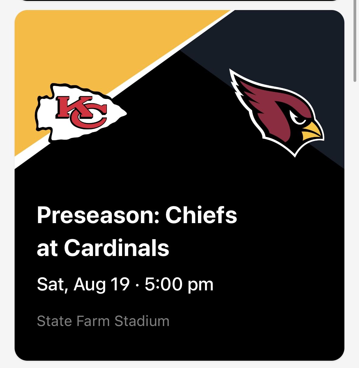 1ST ROW TICKETS FOR ARIZONA CARDINALS VD KANSAS CITY CHIEFS PLUS ORANGE PARKING PASS