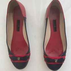 Carolina Herrera Ballerina Leather Flat Navy Blue With With Red And CH Logo 38/8